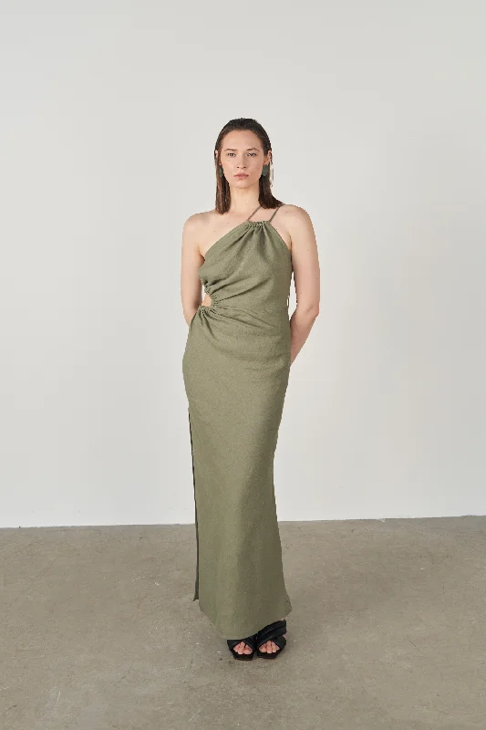 Khaki Akele Sustainable Ruched One-Shoulder long Dress