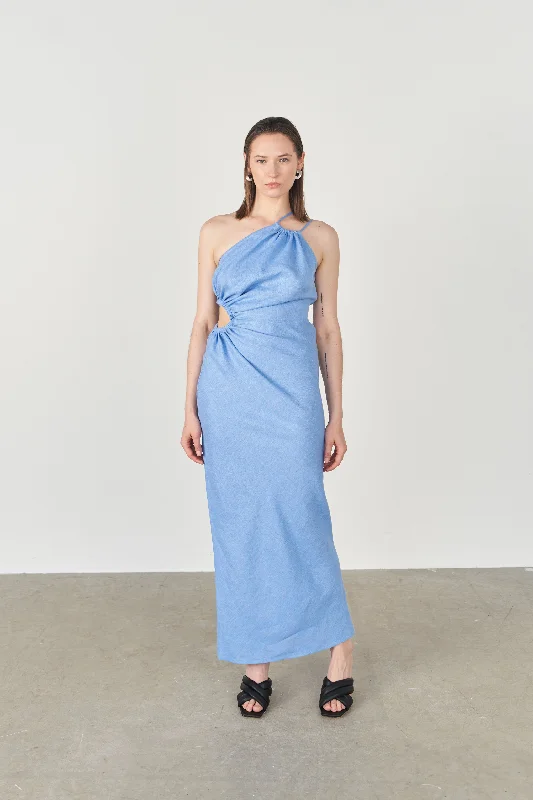Blue Akelė Sustainable Ruched One-Shoulder long Dress