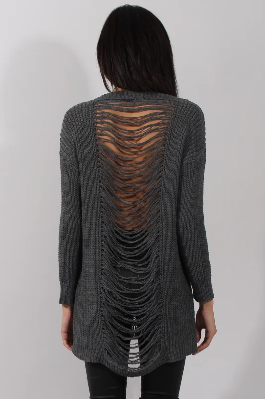 Dark Grey Knitted Distressed Back Jumper Dress - Cara