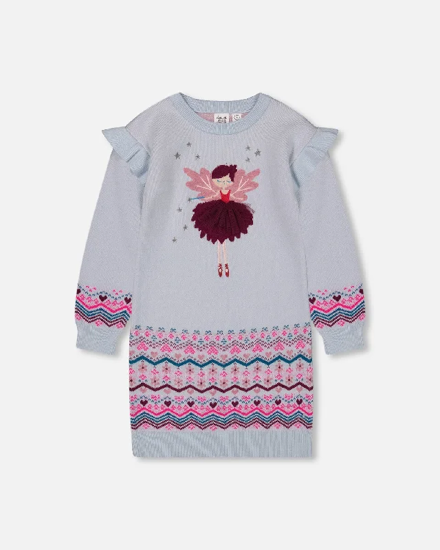 Intarsia Knit Dress Light Blue