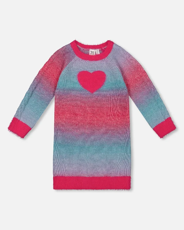 Knit Dress With Heart Gradient Candy Pink And Blue