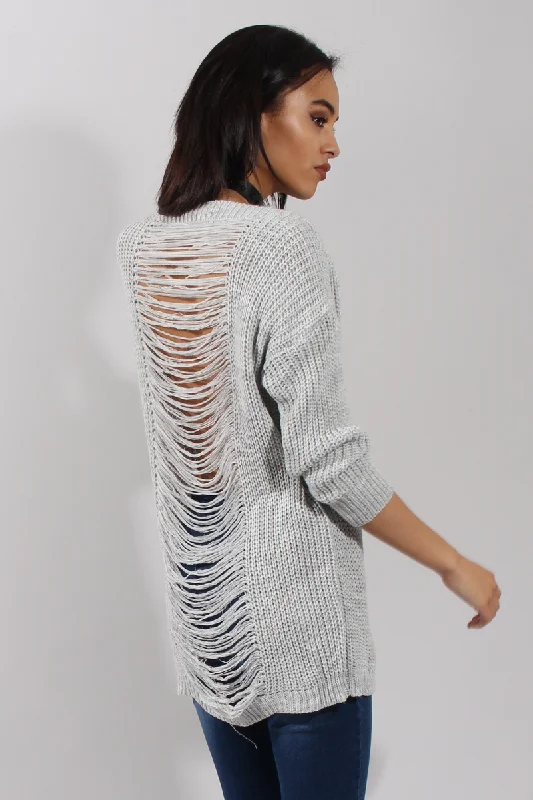Light Grey Knitted Distressed Back Jumper Dress - Cara