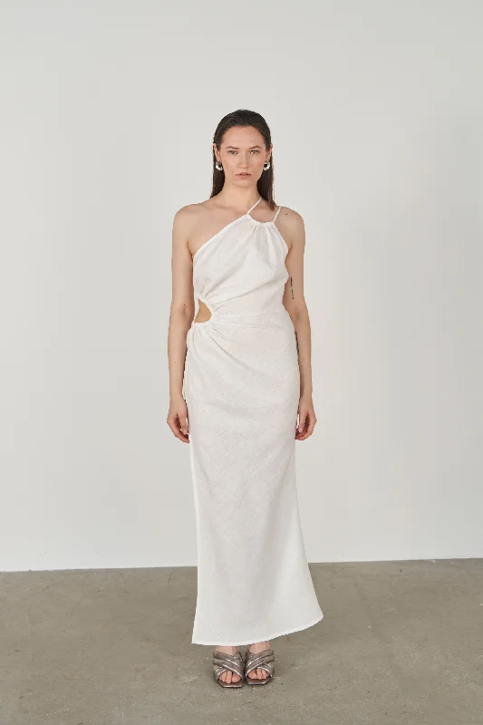 White Akele Sustainable Ruched One-Shoulder long Dress