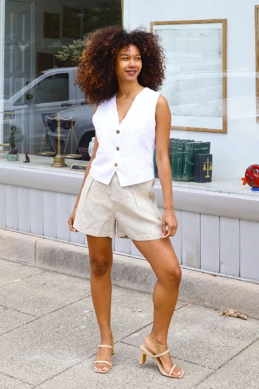 Petite High Waisted Linen Pleat Shorts (Natural Linen)