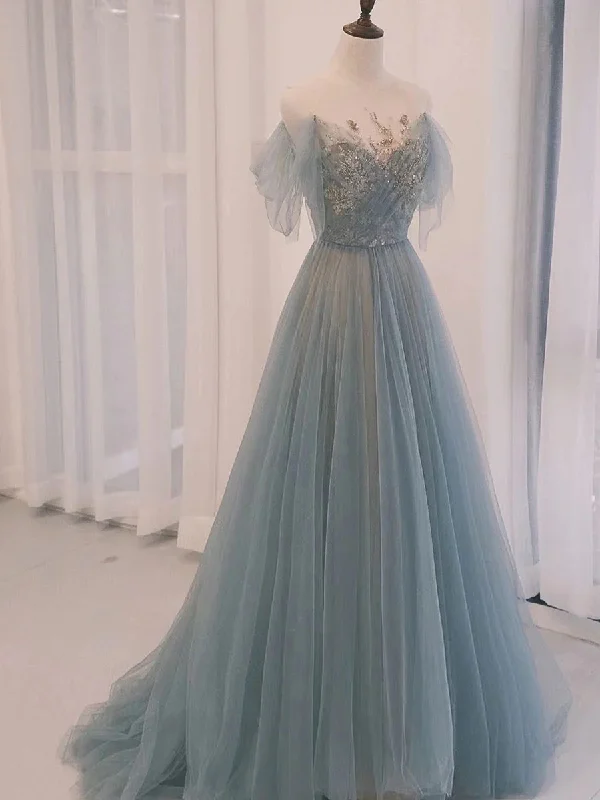 A-Line Scoop Neckline Tulle Gray Blue Long Prom Dress with Sequin gh2638