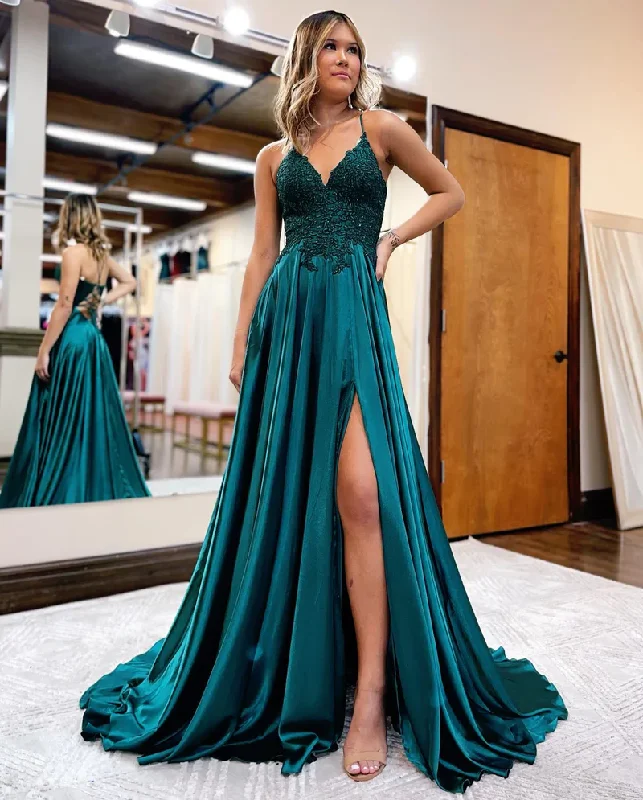 A-line Spaghetti Straps Corset Back Prom Dress With Split gh2670