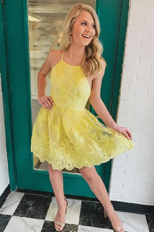 Backless Short Lace Appliques Prom Dresses,A Line Yellow Graduation Homecoming Dresses,Cocktail Dress gh1648 Backless Short Lace Appliques Prom Dresses,A Line Yellow Graduation Homecoming Dresses,Cocktail Dress gh1648