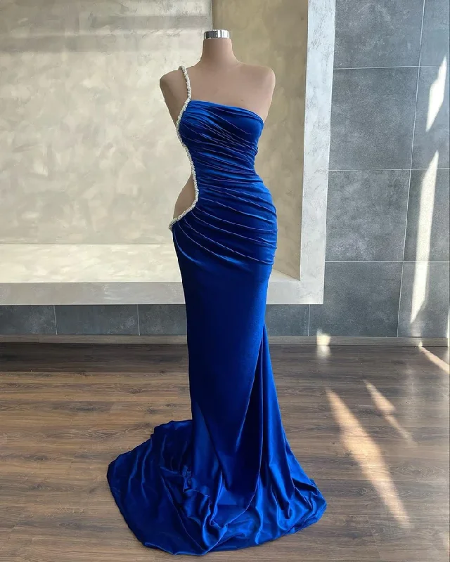 Charming Mermaid Strap Royal Blue Velvet Long Prom Dresses with Slit gh2657