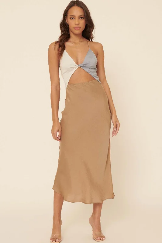 Going Glam Colorblock Satin Cutout Midi Dress