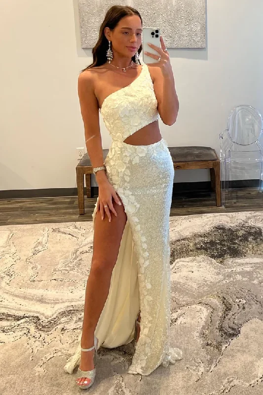 Ivory Mermaid One Shoulder Cut-Out Sequins Long Prom Gown with Slit gh2619