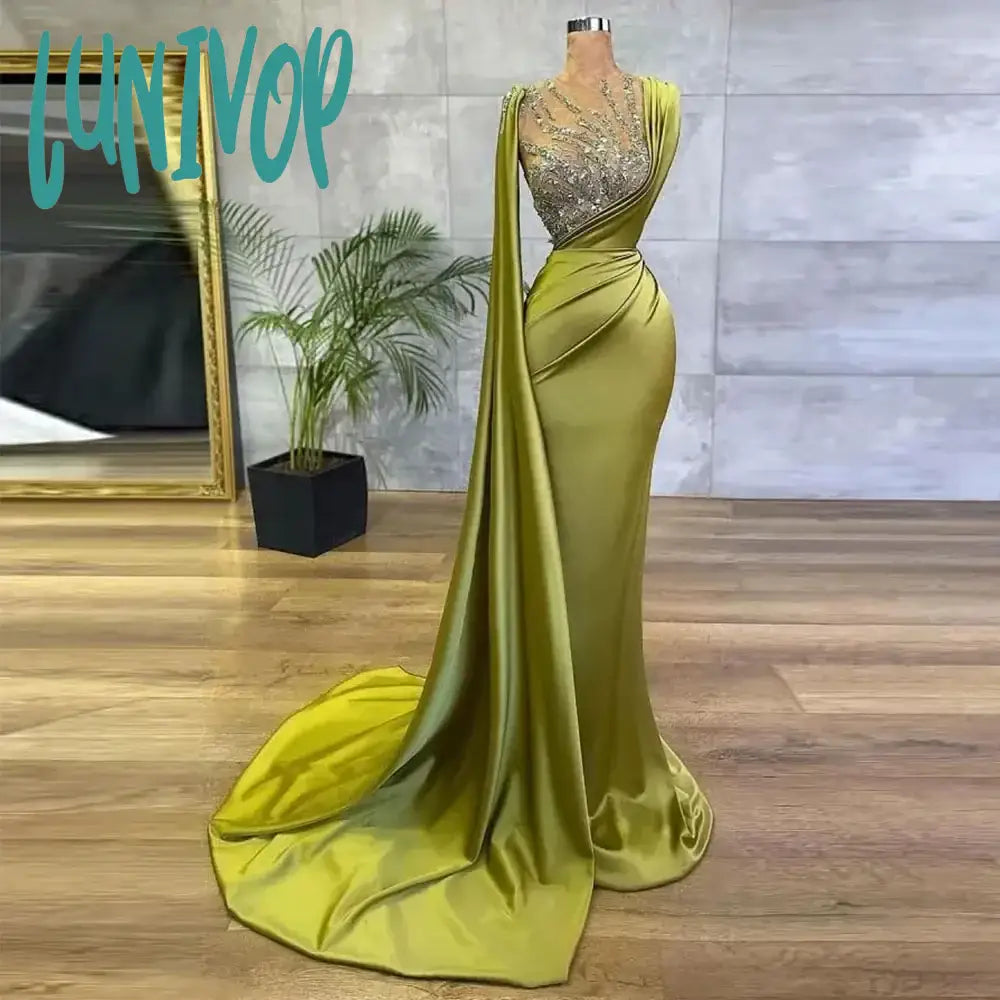 Lunivop Luxury Satin Prom Dresses 2024 African Women One Cape Shoulder Shawl With Train Gowns Crystal Beaded Mermaid Robe formal occasio