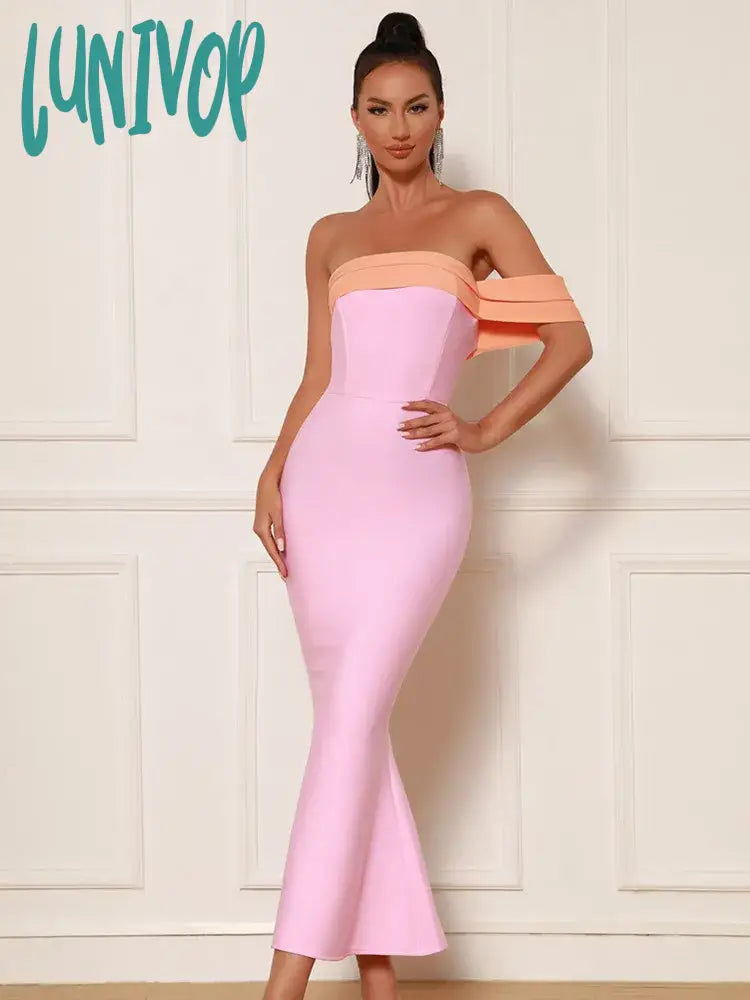 Lunivop New Women Summer Sexy Off Shoulder Patchwork Pink Mermaid Ankle Length Bandage Dress  Elegant Evening Celebrity Party Dress