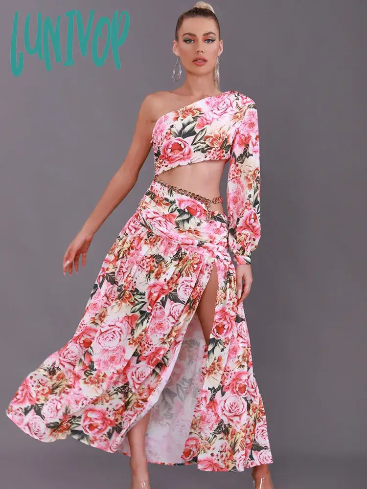 Lunivop New Women Summer Sexy Single Sleeve Chain Floral Split Ankle Length Dress Elegant Evening Celebrity Party Club Dress