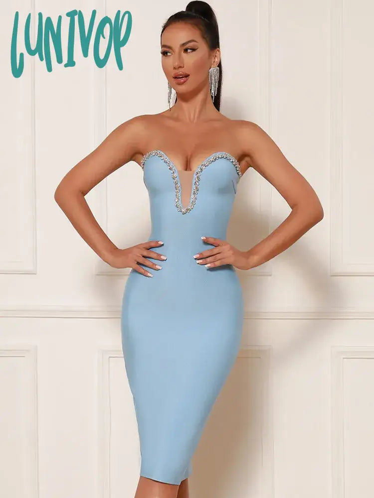 Lunivop New Women Summer Sexy Strapless Backless Beading Mesh Sky Blue Midi Bandage Dress Elegant Evening Celebrity Party Dress
