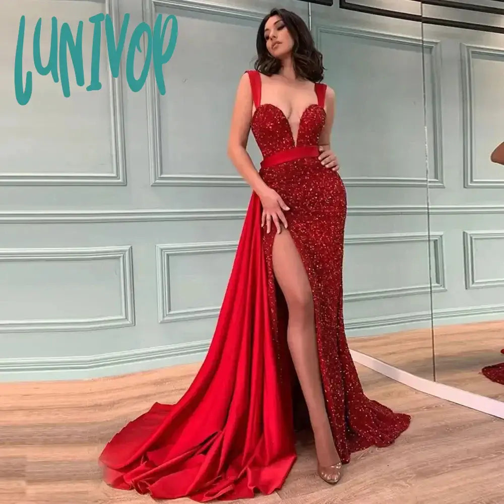 Lunivop Red Sequin Prom Dresses Women Mermaid Thigh Slit Side Train Ball Evening Gowns Deep V-neck Formal Occasion vestidos de fiesta Lunivop Red Sequin Prom Dresses Women Mermaid Thigh Slit Side Train Ball Evening Gowns Deep V-neck Formal Occasion vestidos de fiesta