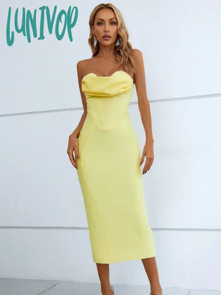 Lunivop Summer Fashion Women Sexy Strapless Backless Ruffles Yellow Midi Bandage Dress Elegant Evening Club Party Dress