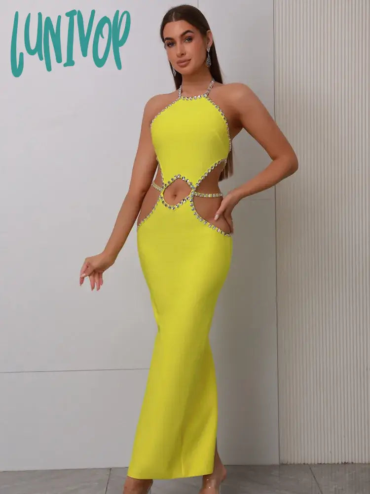 Lunivop Women Celebrity Sexy Backless Halter Beading Maxi Long Lemon Yellow Bandage Dress Elegant Evening Club Party Dress