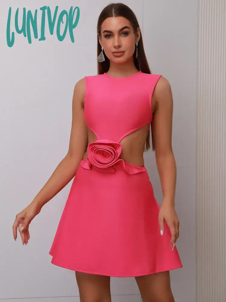 Lunivop Women Celebrity Sexy Sleeveless O Neck Flower Hot Pink Mini Bandage Dress Elegant Christmas Evening Club Party Dress