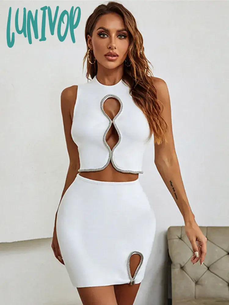 Lunivop Women Summer Sexy Key Hole Diamonds White Crystal Two Piece Mini Bandage Set 2024 Celebrity Designer Evening Party Women's Set
