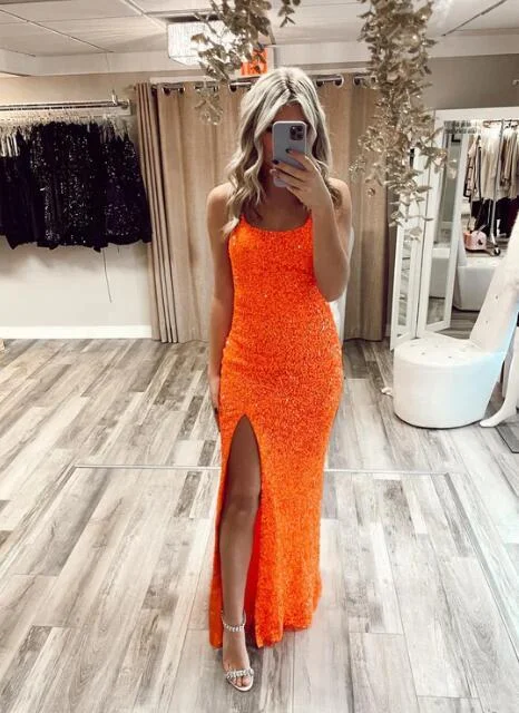 Mermaid Glitter Orange Sequin Long Prom Dress gh2628