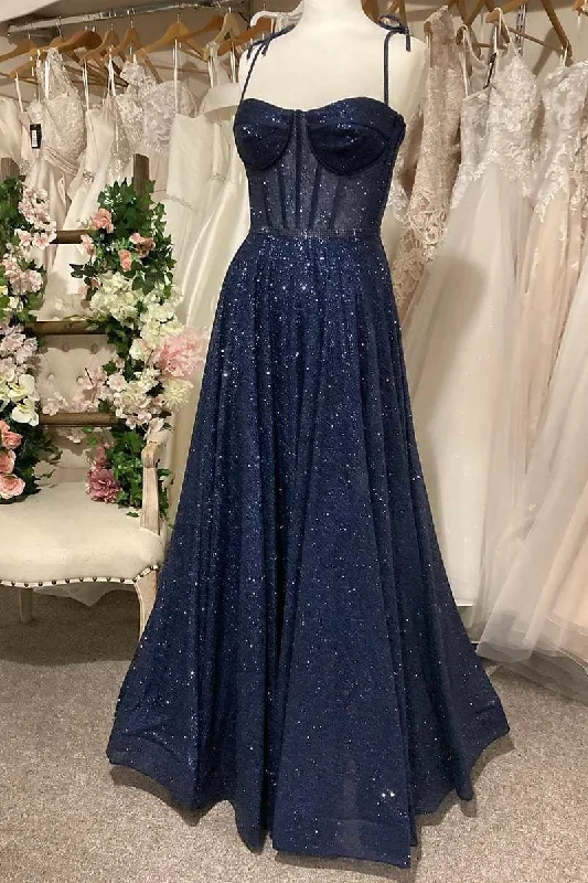 Princess Navy Sequin Tie-Strap A-Line Prom Dress gh2640