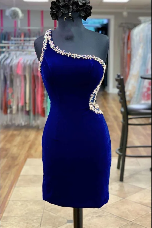 Royal Blue Velvet One-Shoulder Beaded Short Homecoming Dress gh1569
