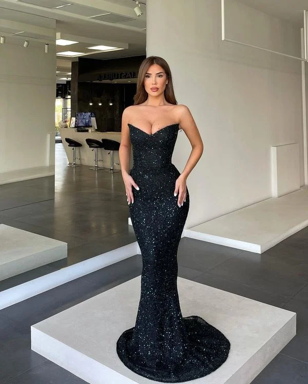 Sparkly Mermaid Strapless Dark Green Sequins Long Prom Dresses gh2632