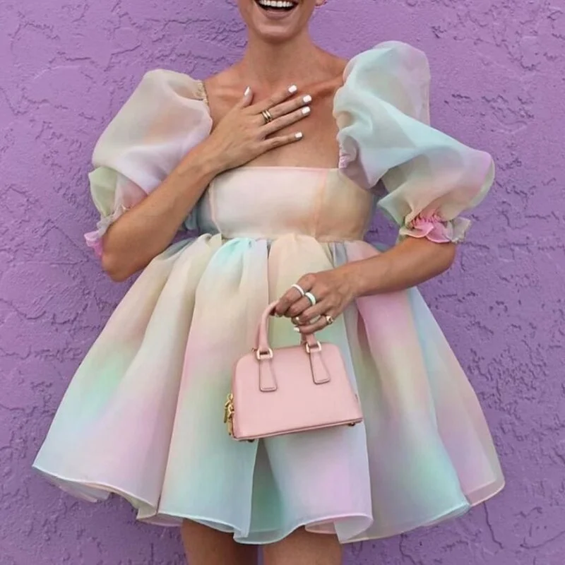 Women Puff Sleeve Tulle Dress