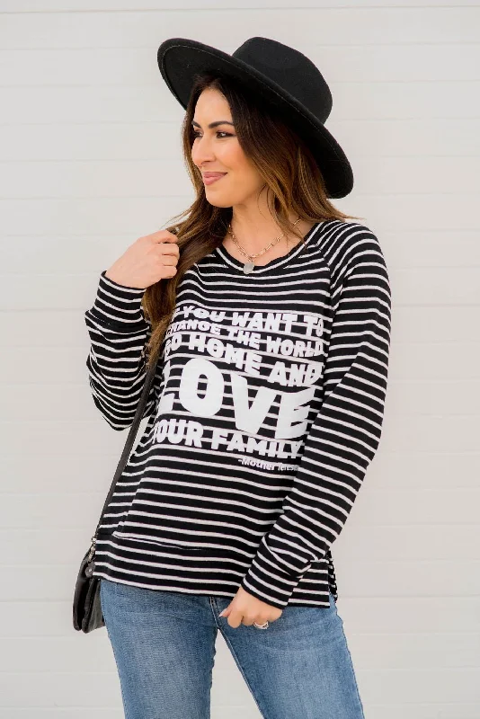 Love Your Family Striped Graphic Sweatshirt