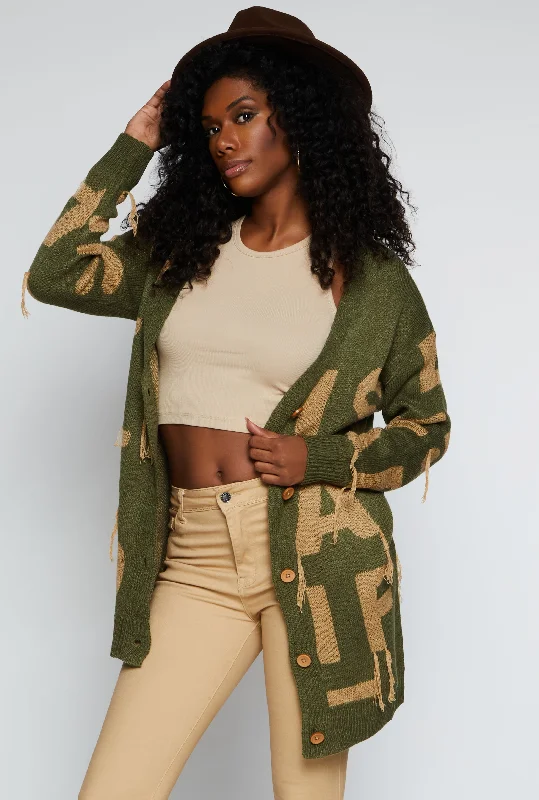 Alphabet Fringe Detail Button Front Cardigan