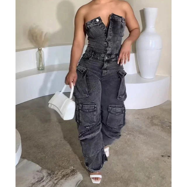 GX2679 New Fashion Street Style Tube Jeans Elegant Multi Pocket Casual Denim One Piece Baggy Cargo Jumpsuit Women