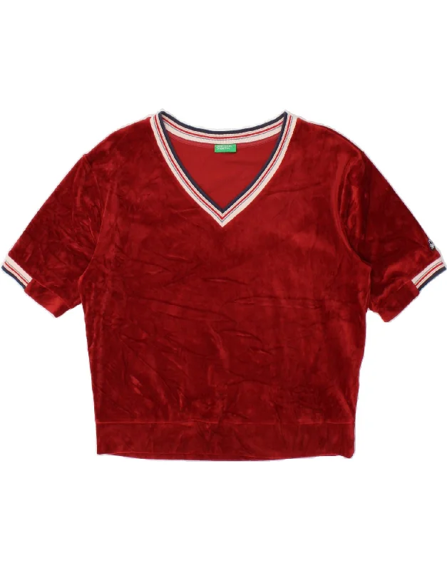 BENETTON Womens Velour Short Sleeve Sweatshirt Jumper UK 10 Small Maroon