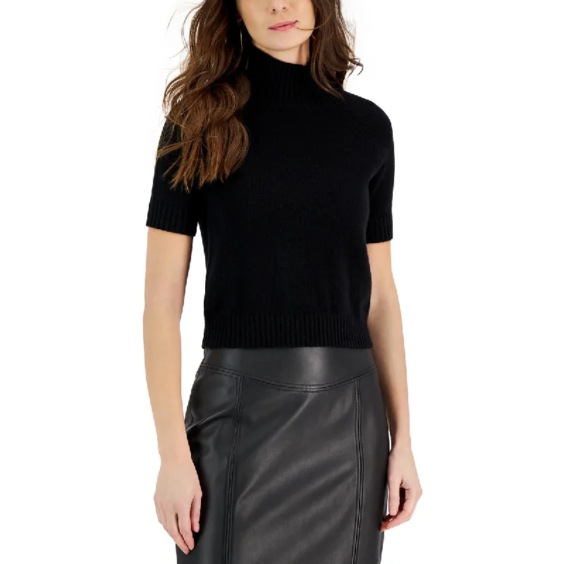 Womens Ribbed Trim Short Sleeve Funnel-Neck Sweater