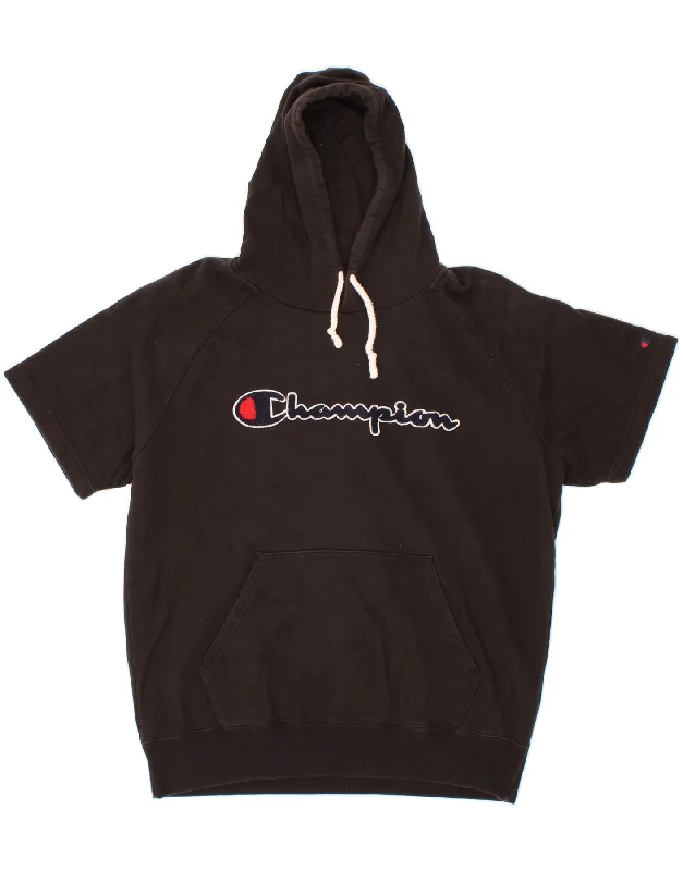 CHAMPION Womens Graphic Short Sleeve Hoodie Jumper UK 18 XL Black Cotton