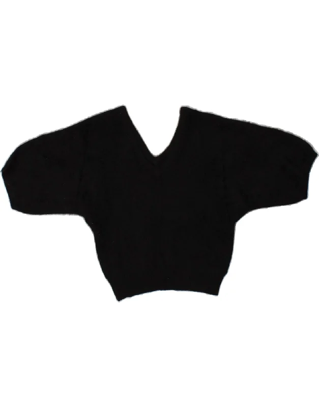 VINTAGE Womens Crop Short Sleeve V-Neck Jumper Sweater IT 38 XS Black