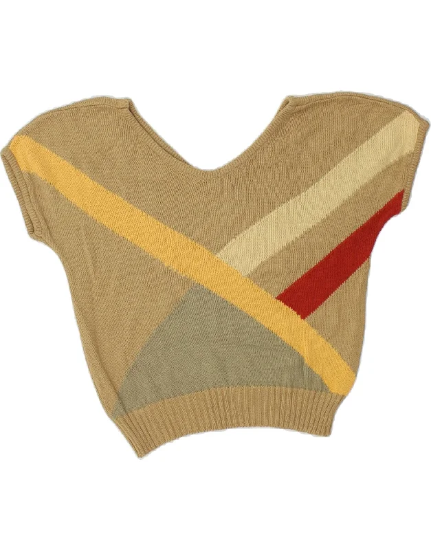 VINTAGE Womens Crop Short Sleeve V-Neck Jumper Sweater UK 12 Medium Khaki