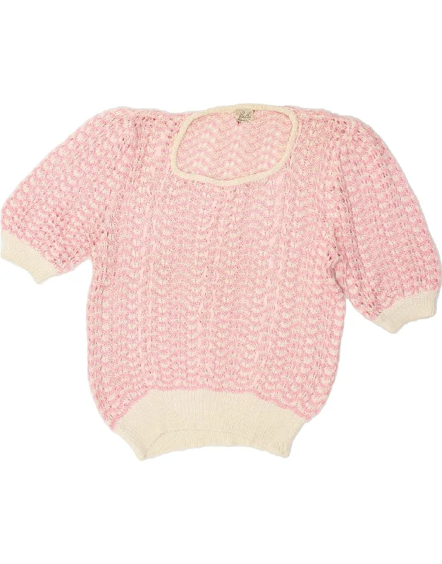VINTAGE Womens Short Sleeve Boat Neck Jumper Sweater UK 14 Medium Pink
