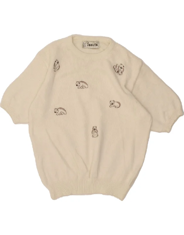 VINTAGE Womens Short Sleeve Crew Neck Jumper Sweater UK 14 Medium White