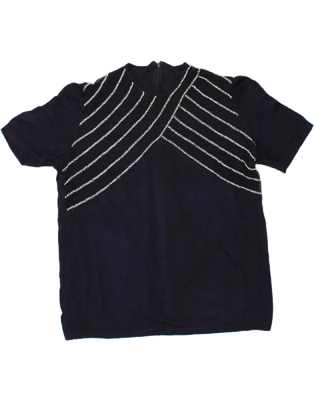 VINTAGE Womens Short Sleeve Crew Neck Jumper Sweater UK 18 XL Navy Blue