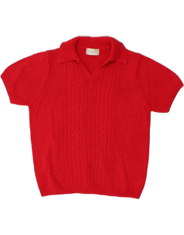 VINTAGE Womens Short Sleeve Polo Neck Jumper Sweater UK 14 Medium Red