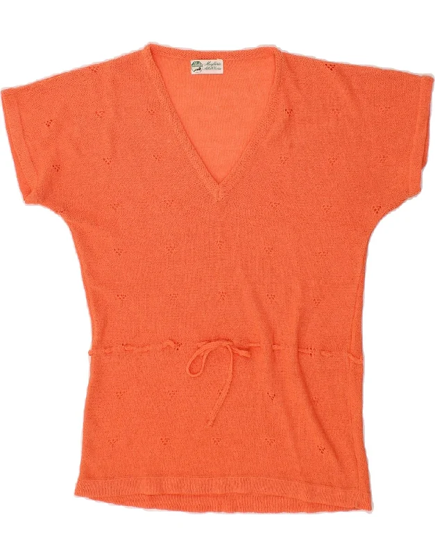 VINTAGE Womens Short Sleeve V-Neck Jumper Sweater UK 12 Medium Orange