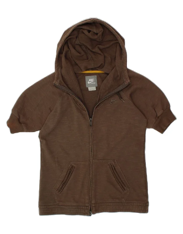 NIKE Womens Short Sleeve Zip Hoodie Sweater US 8/10 Medium Brown Cotton