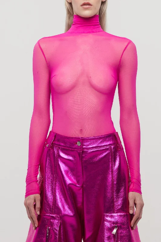 LaQuan Smith Mock Neck Bodysuit with Open Back in Pink