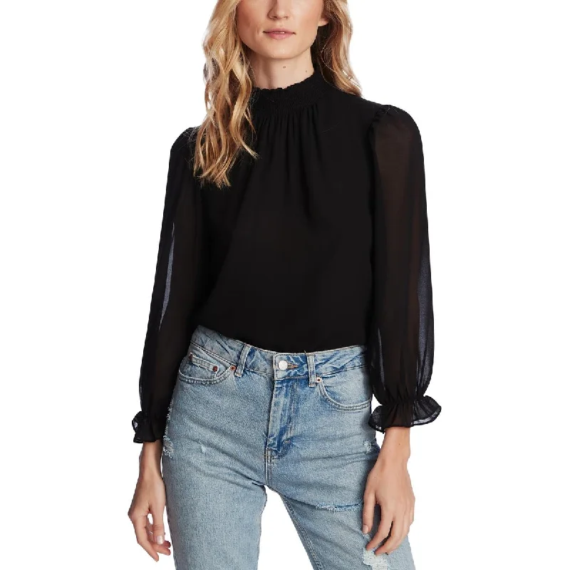 1.State Womens Sheer Smocked Neck Blouse
