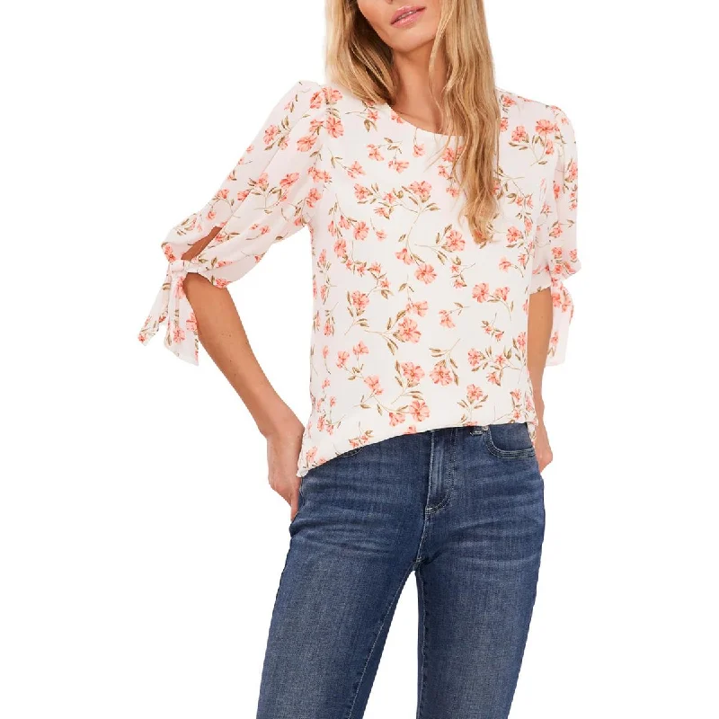 CeCe Womens Floral Print Tie Sleeves Blouse