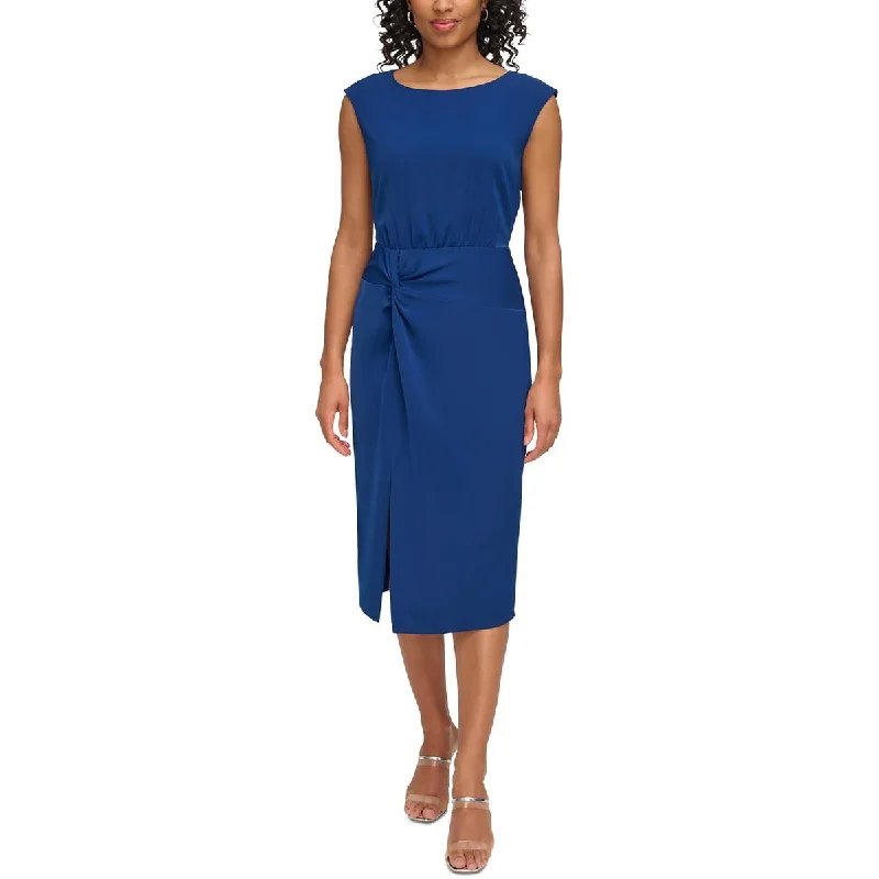 DKNY Womens Gathered Mid Calf Sheath Dress