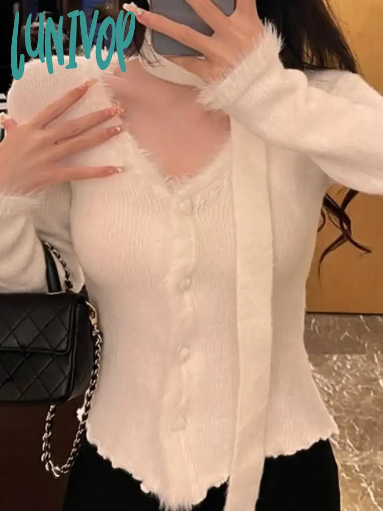 Lunivop Autumn Casual Bodycon Knitted Sweater Women Outwear Elegant Vintage Pullover Korean Style Office Lady Long Sleeve Blouse