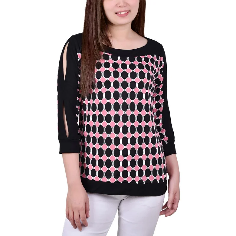 NY Collection Womens Petites Printed Split Sleeve Blouse
