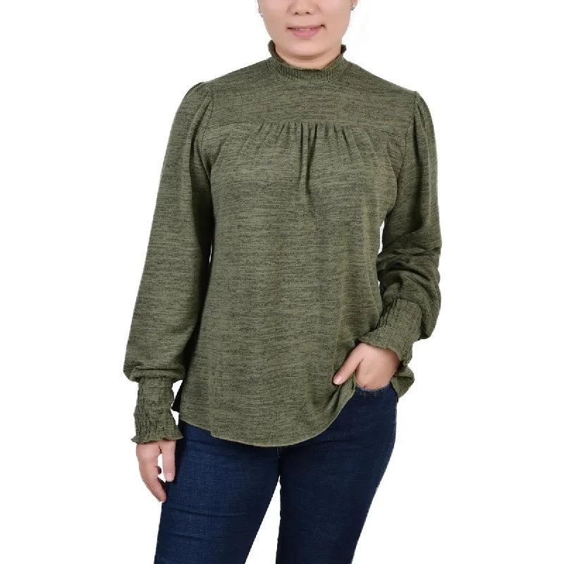 NY Collection Womens Petites Ruffled Heathered Blouse