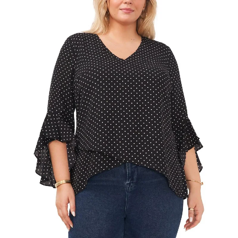 Vince Camuto Womens Plus Polka Dot Flutter Sleeve Blouse